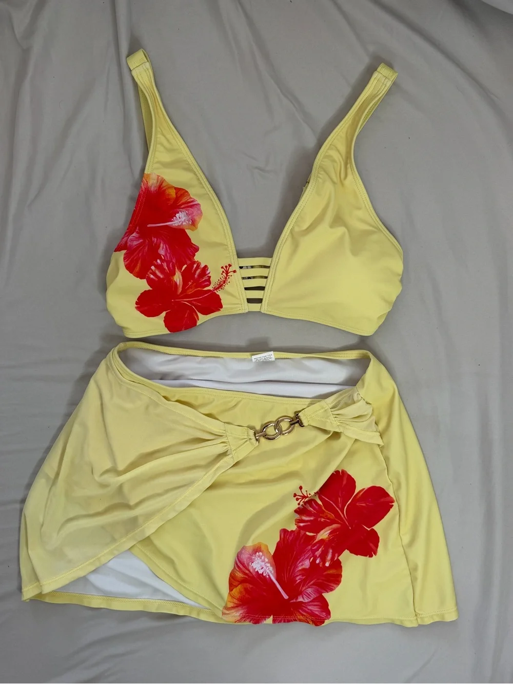 Yellow Floral Bikini Top and Skirt Set with Red Hibiscus Print